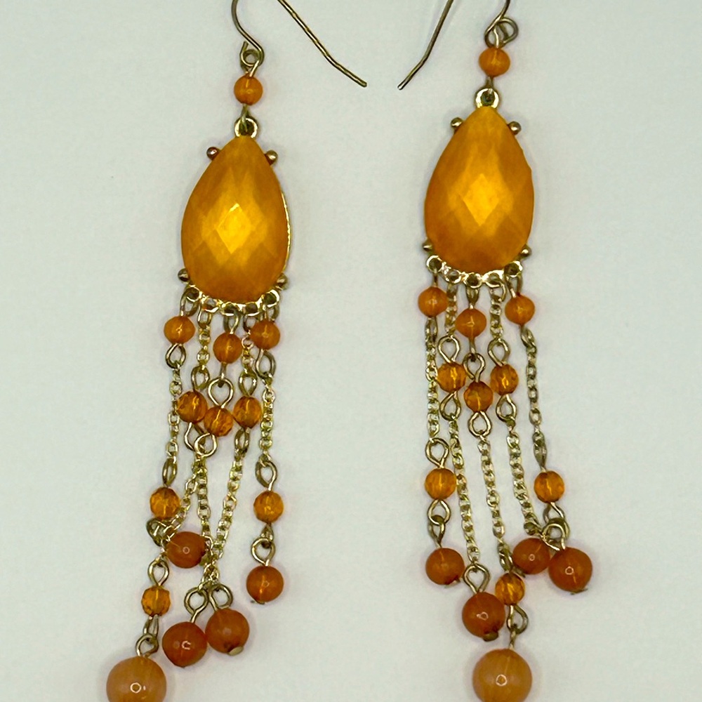 Faux Fire Opal, (Vivid Orange Crystal), Statement Stone, Beaded 4” Drop Earrings